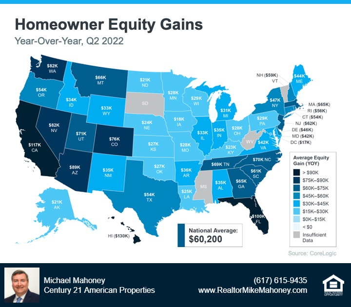 A map of the United States showing home equity gains