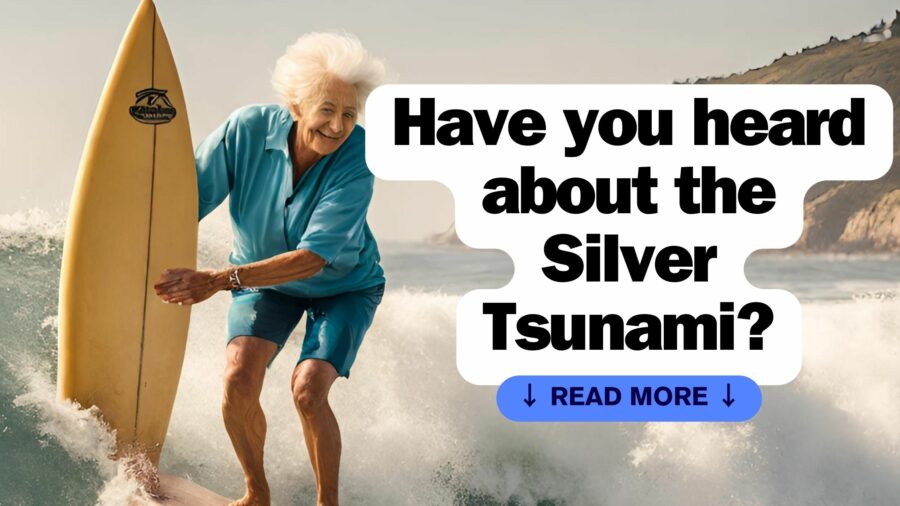 A woman on a surfboard riding a wave. This image is representative of a person riding the silver tsunami which is people becoming age 65 years old.