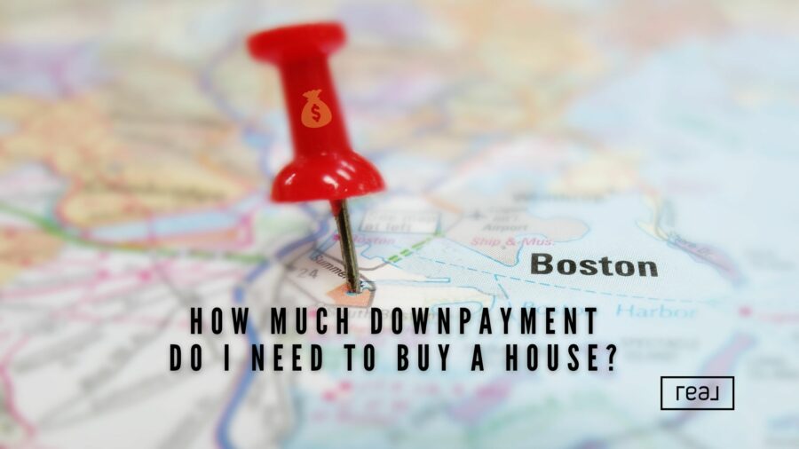 Image of a map of Boston with a thumbtack on it that has the text How much deposit do I need to buy a house.
