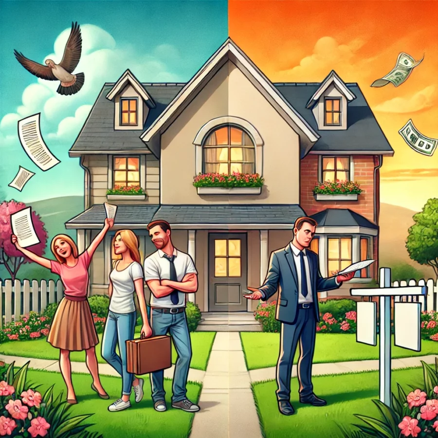 Sure! Here's a description of the image: The image depicts a balanced real estate scene capturing the mixed nature of pending home sales during the spring season. On one side, a happy couple celebrates the successful acceptance of their home offer in front of a charming suburban house with vibrant, blooming flowers. On the opposite side, a frustrated buyer stands, looking at a house, with a real estate agent in the middle, juggling paperwork. The background features a partly cloudy sky, symbolizing the uncertain nature of the current housing market. The overall scene conveys both optimism and frustration, reflecting the ups and downs buyers and sellers may experience in the spring market.