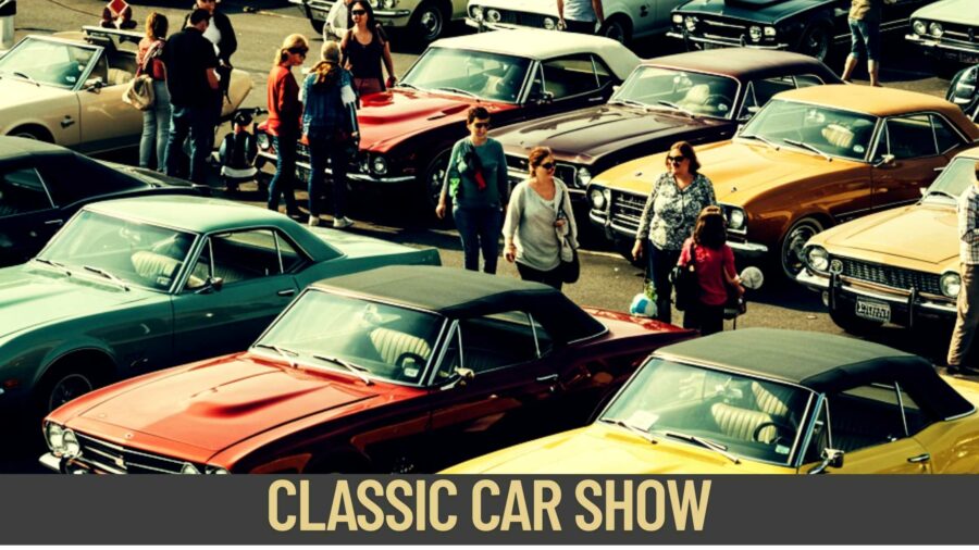 Picture of People in the Parking Lot off main street in Walpole looking at the classic car show