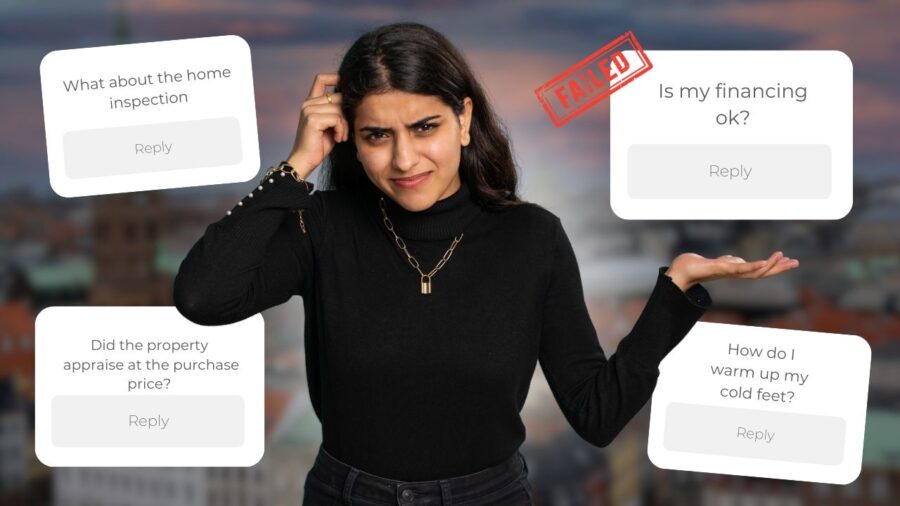 A woman scratching her head and worrying about her real estate deals.