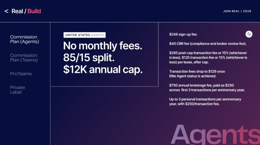 This slide shows the Commission structure at Real Broker